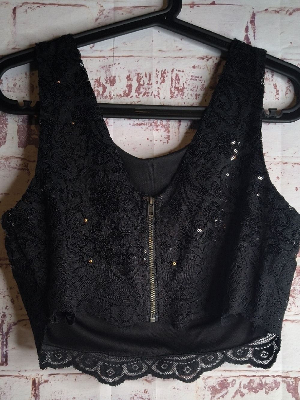 Black Lace Sequin Cropped Tank Top Woman's Small - Picture 2 of 4